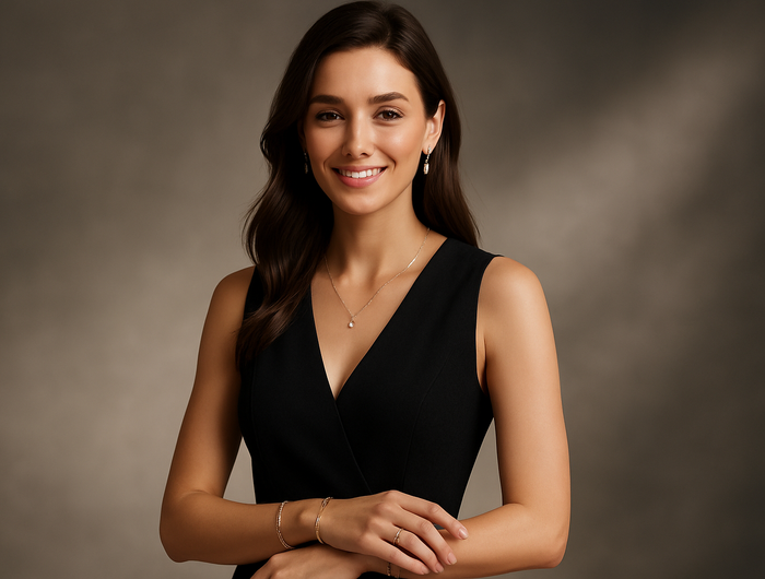 A beautiful young woman with a graceful smile, wearing elegant women’s clothing and stylish jewellery (necklace, earrings, bracelets, and rings), standing in a softly lit studio background. She should have natural makeup, a confident pose, and a classy, modern fashion look. The clothing should be fashionable and well-fitted, in a style suitable for a premium fashion catalog. Ultra realistic, 8K resolution, professional photography lighting.