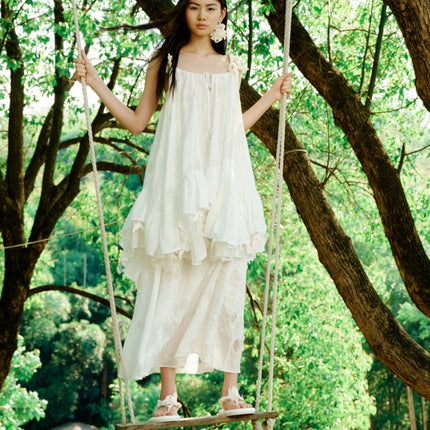 Lemon Hollow Embroidered Short Strap Dress - Elegant Summer Boho Gown