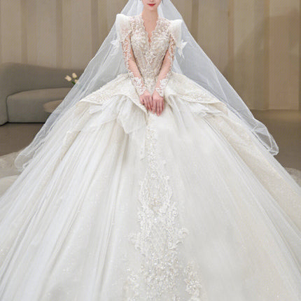 Luxury Long Sleeve Ball Gown Wedding Dress with Lace Appliqué & Cathedral Train