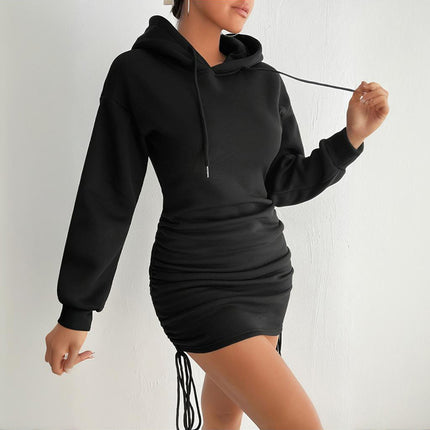 Women's Casual Bodycon Hoodie Dress - Long Sleeve Fitted Mini Dress with Drawstring (Black)