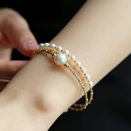 Luxury Multi-Layer Freshwater Pearl Bracelet - Elegant Gold Elastic Design With Natural Pearls