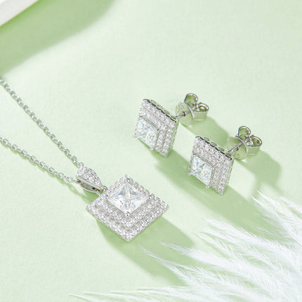 Luxury 925 Sterling Silver Jewelry Set - Square Pendant Necklace & Earrings
