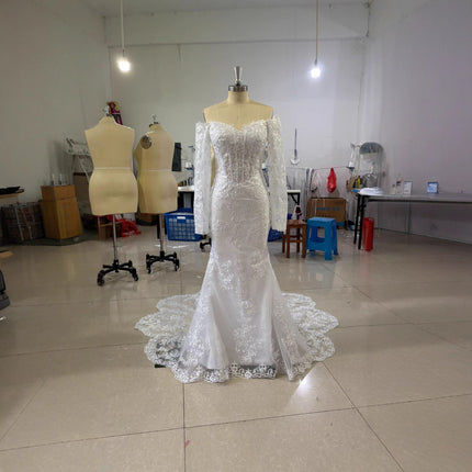 Off-shoulder Lace Long Sleeve Wedding Gown - Elegant Fishtail Ivory Bridal Dress