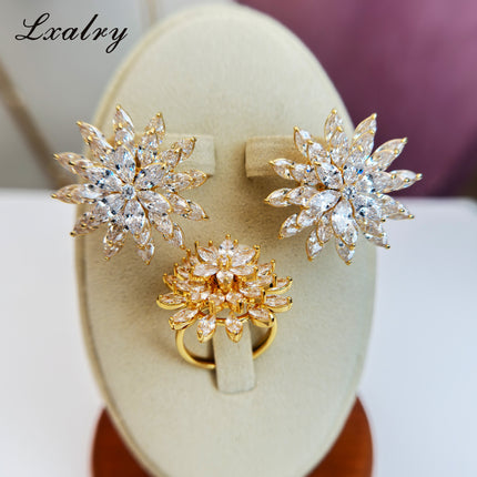 Lxalry 18K Gold Plated Copper Flower Jewelry Set - Baroque Style Statement Ring & Earrings - Hypoallergenic, Non-Tarnish, Elegant Gift For Women