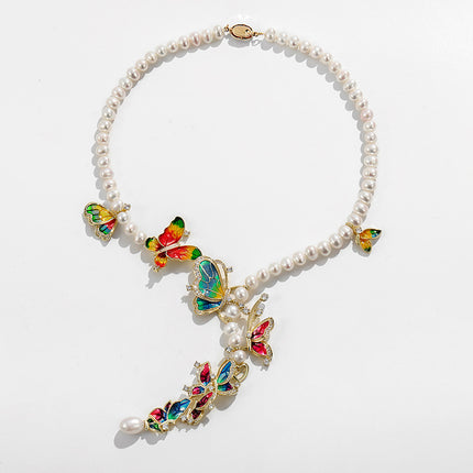 Butterfly Jewelry Set - Freshwater Pearl Necklace, Earrings & Ring