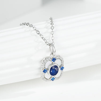 925 Sterling Silver Blue Sapphire Pendant Necklace - Elegant Square Crystal Jewelry