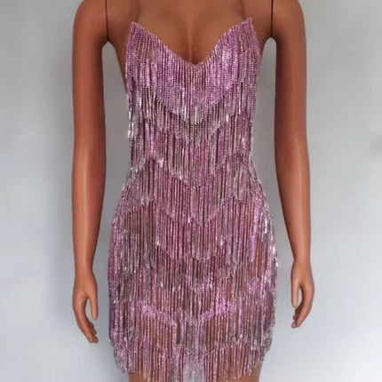 Sexy Deep V Rhinestone Tassel Bulk Evening Gown - Sparkling Party & Club Dress