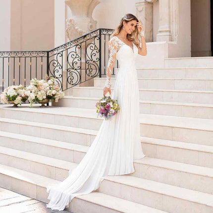 Elegant Backless V-Neck Wedding Dress - Long Sleeve Lace White Bridal Gown