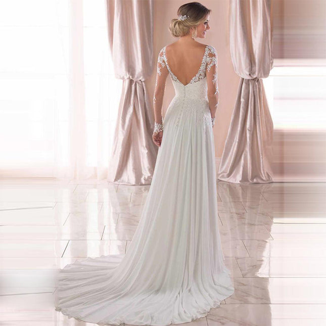 Elegant Backless V-Neck Wedding Dress - Long Sleeve Lace White Bridal Gown