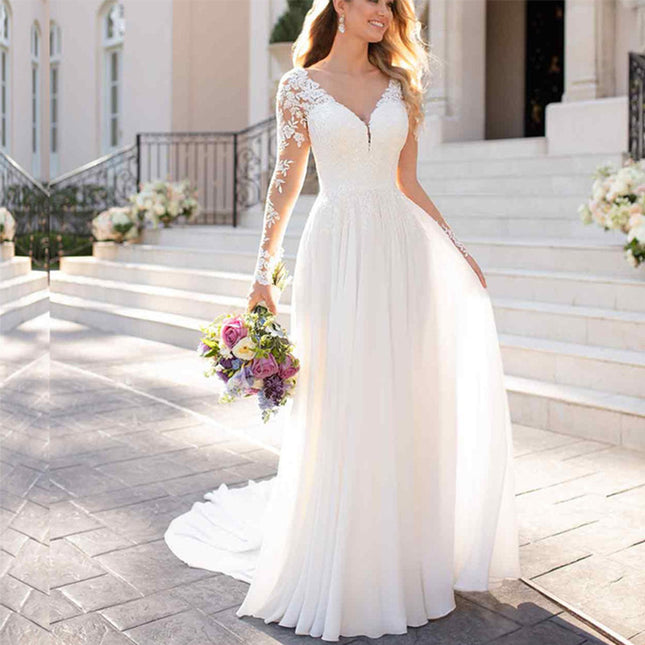 Elegant Backless V-Neck Wedding Dress - Long Sleeve Lace White Bridal Gown