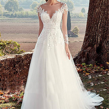 High U-neck Lace Long Sleeve A- Line Long Tail Simple Wedding Dress