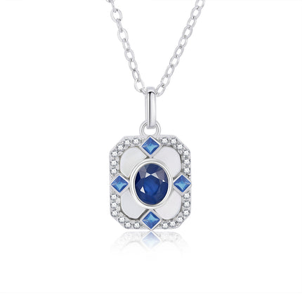 925 Sterling Silver Blue Sapphire Pendant Necklace - Elegant Square Crystal Jewelry