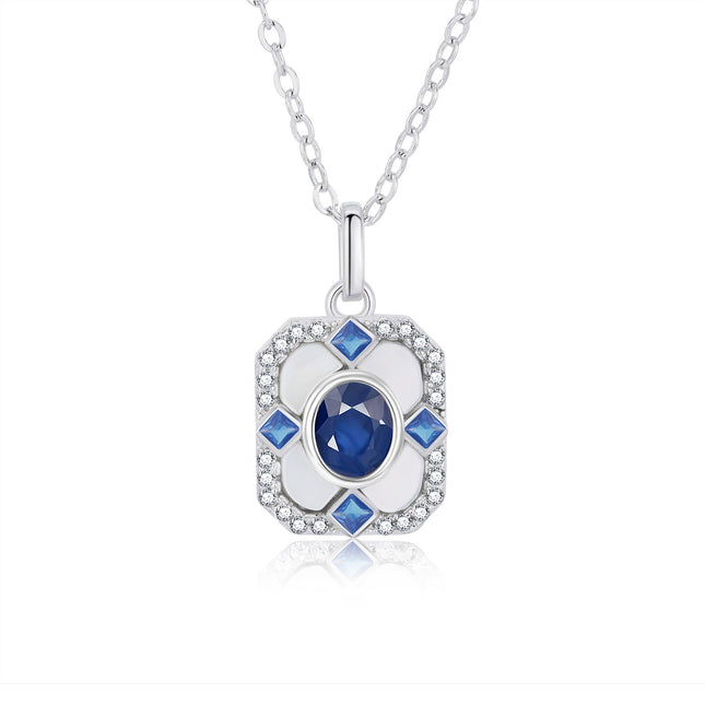 925 Sterling Silver Blue Sapphire Pendant Necklace - Elegant Square Crystal Jewelry