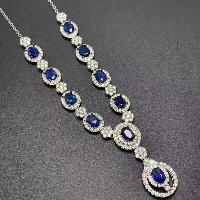 925 Sterling Silver Blue Sapphire Necklace - Luxury White Gold Drop Pendant Jewelry