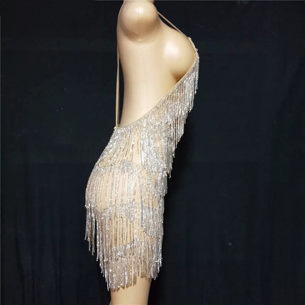 Sexy Deep V Rhinestone Tassel Bulk Evening Gown - Sparkling Party & Club Dress