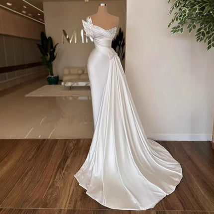 Elegant White Satin Off-Shoulder Wedding Dress with Draped Detail & Slim Fit