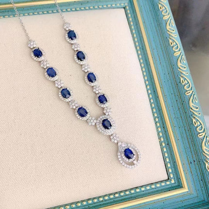 925 Sterling Silver Blue Sapphire Necklace - Luxury White Gold Drop Pendant Jewelry