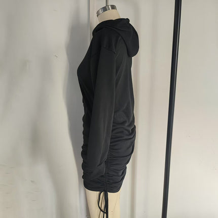 Women's Casual Bodycon Hoodie Dress - Long Sleeve Fitted Mini Dress with Drawstring (Black)