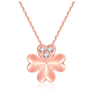 18K Rose Gold Lucky Clover Diamond Pendant Necklace - Women's Elegant Heart & Four-Leaf Clover Design