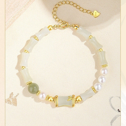 Hetian Jade Bamboo S925 Sterling Silver Niche Freshwater Pearl Bracelet