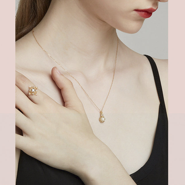 Vintage Pearl & Moonstone Ring - Elegant Openwork Design