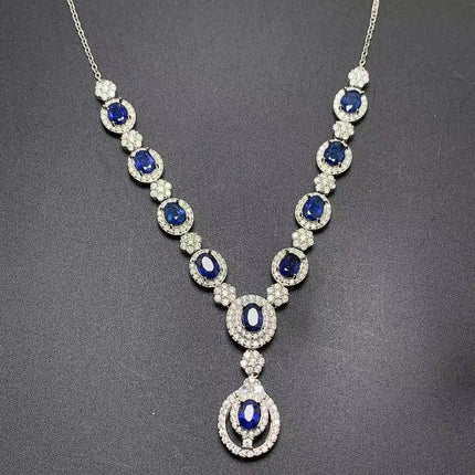 925 Sterling Silver Blue Sapphire Necklace - Luxury White Gold Drop Pendant Jewelry