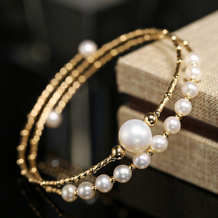 Luxury Multi-Layer Freshwater Pearl Bracelet - Elegant Gold Elastic Design With Natural Pearls