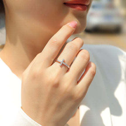 Moissanite Cross Ring - 925 Sterling Silver with Platinum Plating