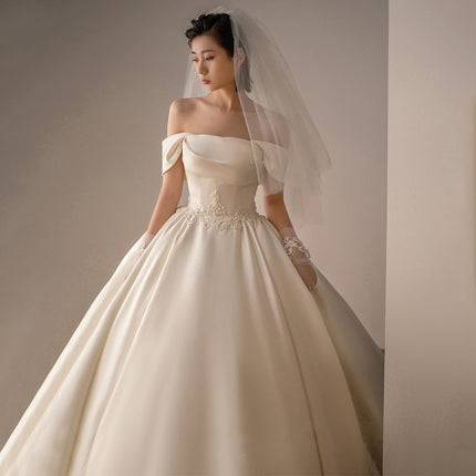 Satin Off-Shoulder Retro Trailing Wedding Dress - Timeless Elegance