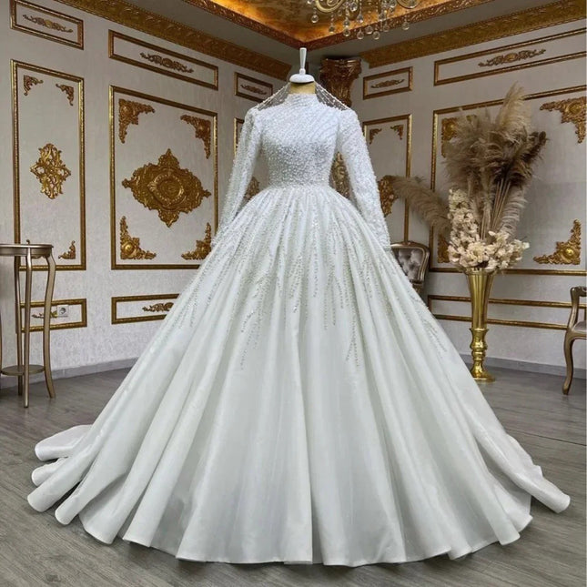 Classic Long Sleeve Ball Gown Wedding Dress with Pettiskirt & Trailing Train