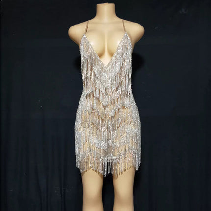 Sexy Deep V Rhinestone Tassel Bulk Evening Gown - Sparkling Party & Club Dress