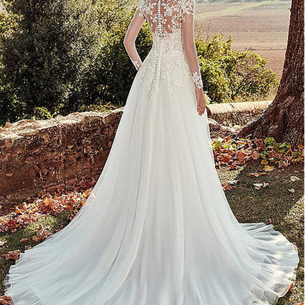 High U-neck Lace Long Sleeve A- Line Long Tail Simple Wedding Dress