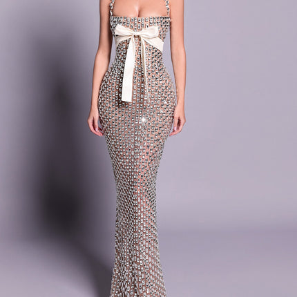 Crystal-Embellished Maxi Dress With White Bow Detail