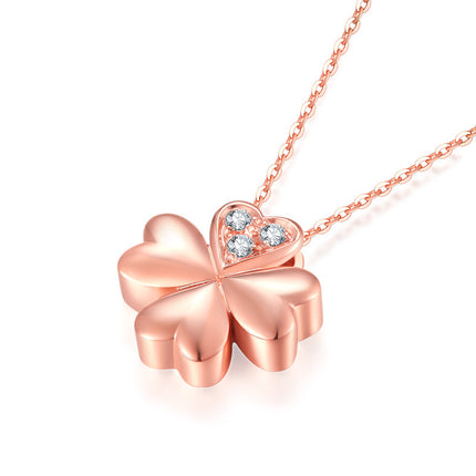 18K Rose Gold Lucky Clover Diamond Pendant Necklace - Women's Elegant Heart & Four-Leaf Clover Design