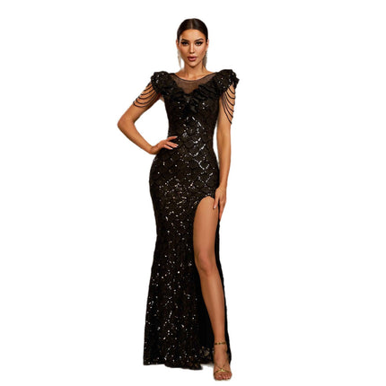 Elegant Black Sequin Evening Dress - Slim Fit Sheath Gown With Slit