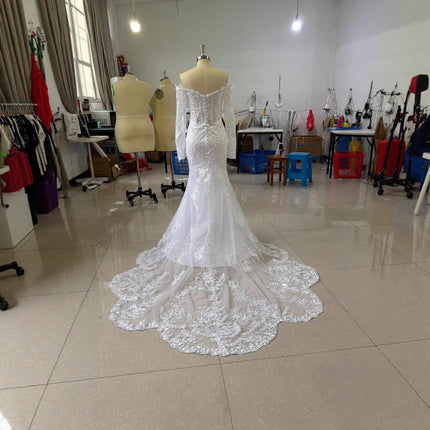 Off-shoulder Lace Long Sleeve Wedding Gown - Elegant Fishtail Ivory Bridal Dress