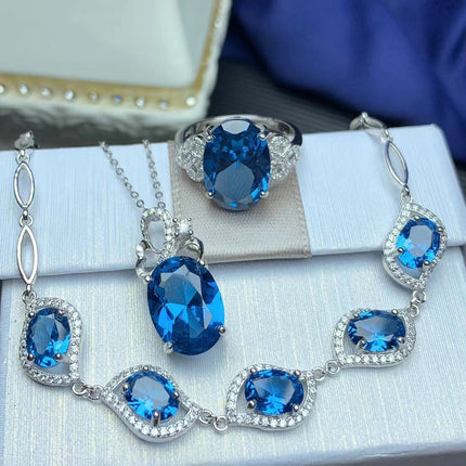 925 Sterling Silver London Blue Jewelry Set - Necklace, Bracelet, Earrings & Ring