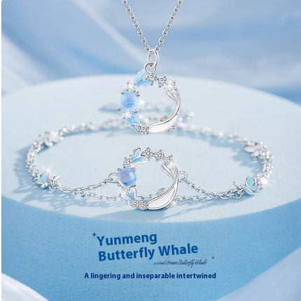 Butterfly Pendant Necklace - Sparkling CZ Crystal Moon & Star Design