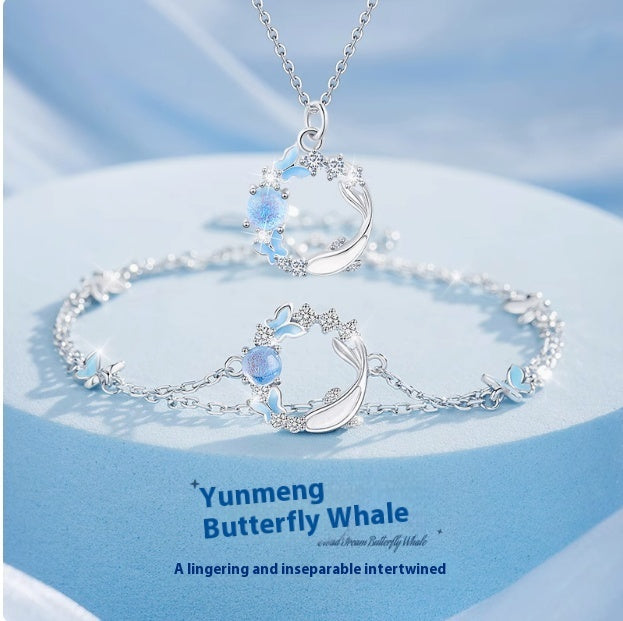 Butterfly Pendant Necklace - Sparkling CZ Crystal Moon & Star Design