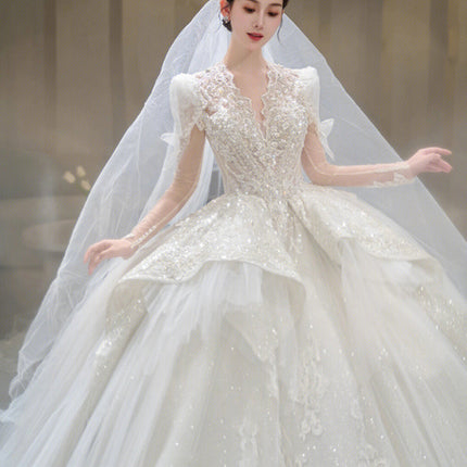 Luxury Long Sleeve Ball Gown Wedding Dress with Lace Appliqué & Cathedral Train