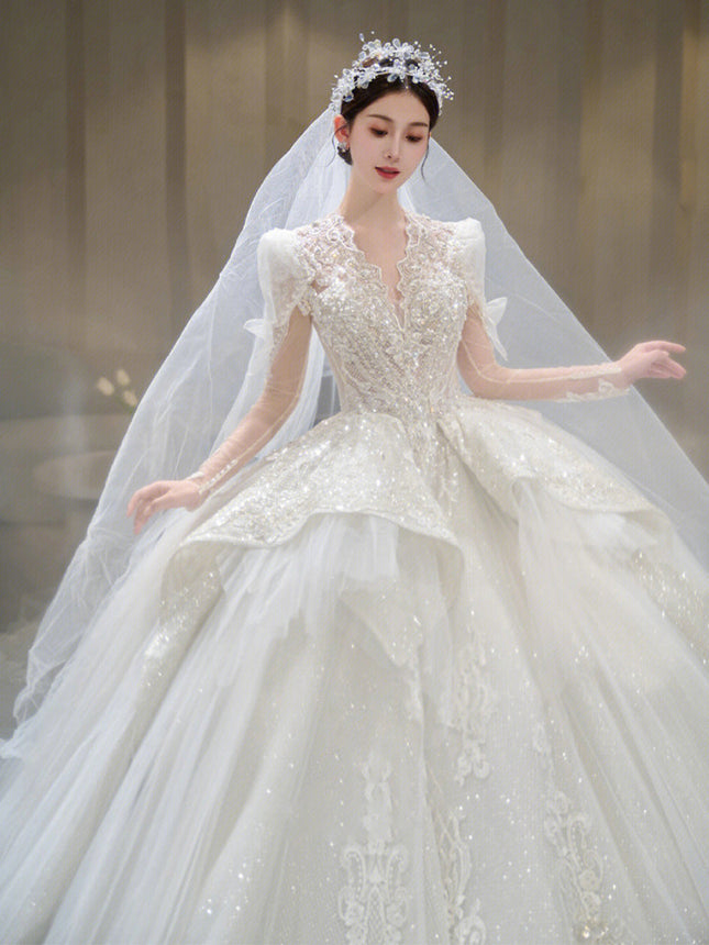 Luxury Long Sleeve Ball Gown Wedding Dress with Lace Appliqué & Cathedral Train
