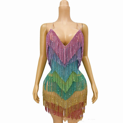 Sexy Deep V Rhinestone Tassel Bulk Evening Gown - Sparkling Party & Club Dress