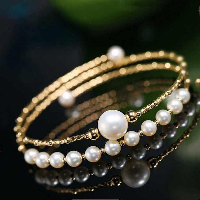 Luxury Multi-Layer Freshwater Pearl Bracelet - Elegant Gold Elastic Design With Natural Pearls