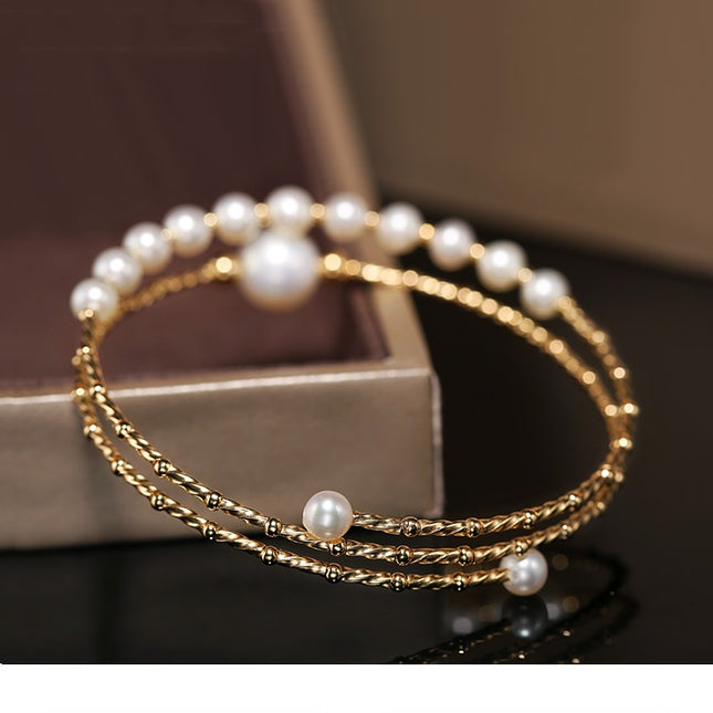 Luxury Multi-Layer Freshwater Pearl Bracelet - Elegant Gold Elastic Design With Natural Pearls