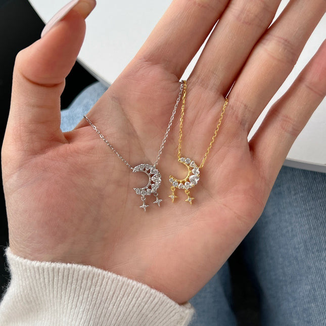 925 Sterling Silver Moon & Heart Tassel Pendant Necklace - Elegant Love Design