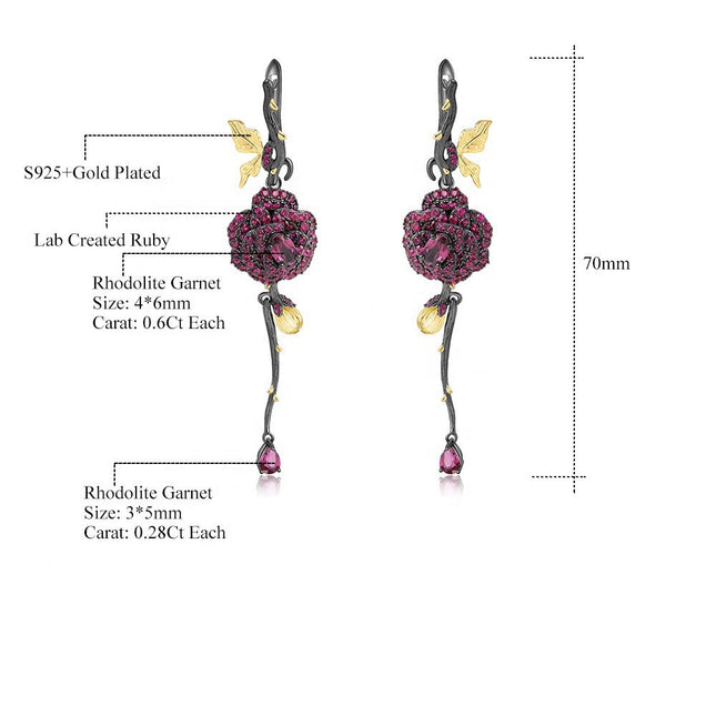 Garnet Sterling Silver Rose Earrings - Handcrafted Floral Drop Design With Deep Red Crystals