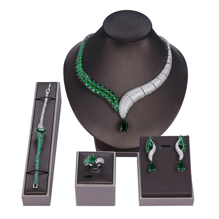 Green Stone Jewelry Set - Necklace, Earrings, Bracelet & Ring (4-Piece Set)