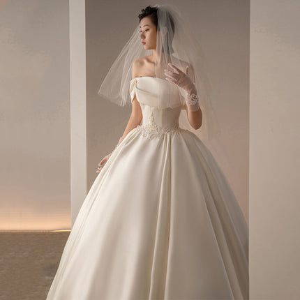 Satin Off-Shoulder Retro Trailing Wedding Dress - Timeless Elegance