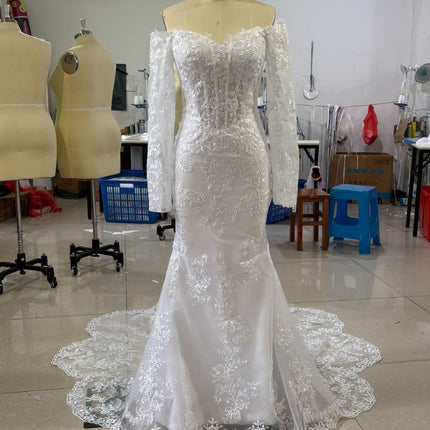 Off-shoulder Lace Long Sleeve Wedding Gown - Elegant Fishtail Ivory Bridal Dress