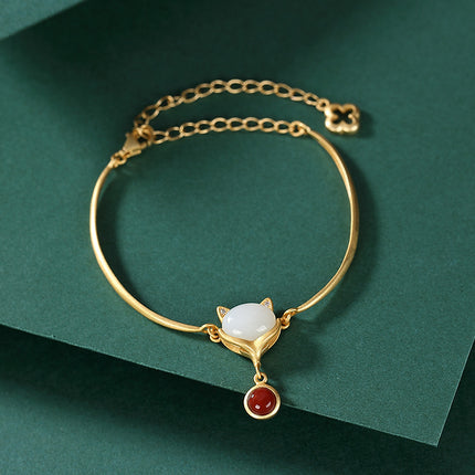 925 Silver Handmade Ancient Gold "Little Fox" Bracelet - Elegant Red Gem & Adjustable Chain